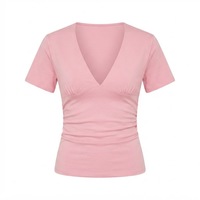 T-shirt personnalisé à logo pour femme, col en V profond, coupe ajustée, taille froncée, crop top décontracté, hauts d'été tendance pour femmes, vente en gros