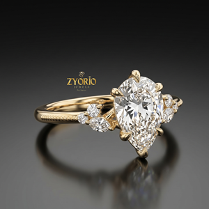 Anillo de compromiso clásico de oro de 14 quilates con tres piedras de corte pera y diamantes laterales marquesa, joyería nupcial. - Product Image 1