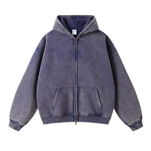 Personalizado de alta calidad Streetwear Sudadera con capucha de lana en blanco de la vendimia de doble capa de lavado ácido Sun Faded Distressed Pockets Hoodies - Product Image 3