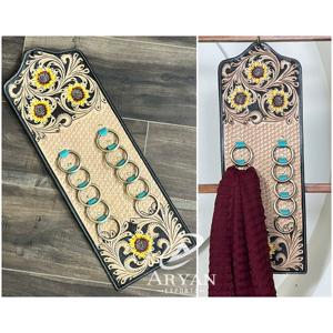 <b>Vintage</b> Hand Tooled Leather Scarf Rag Holder with Multi Ring Design for Closet Organization Decorative Durable Storage Accessory - Product Image 1