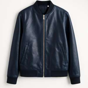 <b>Mens</b> Black Genuine Leather Bomber Jacket with Zipper OEM/ODM Available - Product Image 2