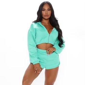 ชุดเสื้อผ้า2ชิ้นสำหรับผู้หญิงเสื้อครอปมีฮู้ดแขนยาวและกางเกงขาสั้นลำลองใหม่ฤดูใบไม้ร่วง - Product Image 4