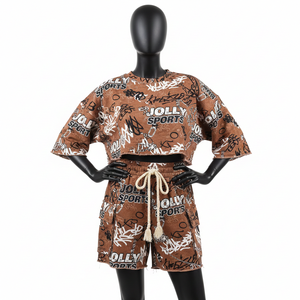 Conjunto de Top Corto y Pantalones Cortos de Felpa Francesa de Algodón Suave de Lujo para Mujer, Estampado Urbano Marrón, Logotipo Personalizado, 100% Algodón - Product Image 6