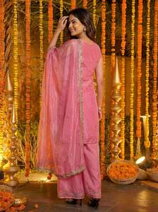 En stock, Salwar Kameez Dupatta de créateur non cousu, en tissu de pure soie style afghan, avec broderie miroir et bordure coupe droite, pour soirée - Product Image 2