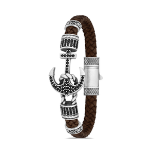 สร้อยข้อมือเงินแท้ประดับด้วยหินเพทายทรงแองเคอร์ ฟิกเกอร์ คอรัล เจด และมุก พร้อมสายหนังแท้สำหรับผู้ชาย - Product Image 4