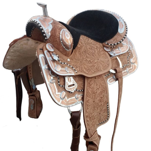 Selle de spectacle Western en cuir de cheval en cuivre argenté antique Selle de course de baril portable prête à être expédiée en cuir véritable bordeaux - Product Image 1