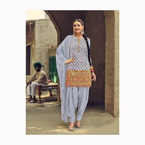 Tenue de soirée de style pakistanais de créateur Sharara Gharara Robe de travail à broderie lourde Dupatta Salwar Kameez en soie et coton bas - Product Image 2