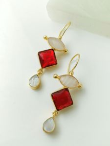 Gold Plated <b>Red</b> and White Stone <b>Earrings</b> for Women | Handmade Dangle Gemstone <b>Earrings</b> | Brass Base Fashion Jewelry - Product Image 3