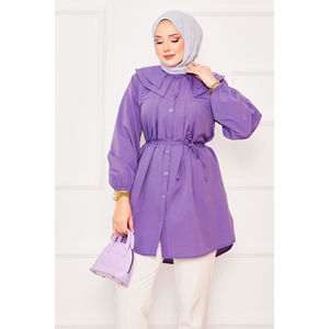 Purple Modest <b>Tops</b> Double Collar Hijab Shirt with Drawstring Waist Comfortable and Stylish - Product Image 2