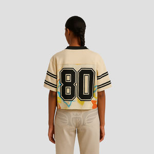 เสื้อเจอร์ซีย์วินเทจสำหรับผู้หญิงขายส่ง เสื้อเจอร์ซีย์ตาข่ายลายกราฟิก คอวี เสื้อยืดฟุตบอลสไตล์วาร์ซิตี้ - Product Image 4