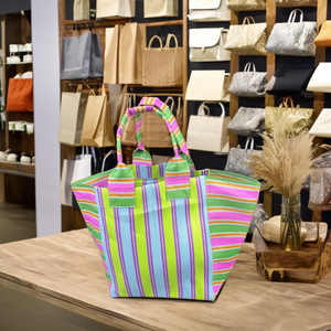 Bolsa de compras de nailon ecológica a rayas personalizada, bolsas de aseo cosméticas con cremallera reutilizables, bolsa de viaje tejida para la playa, etiqueta con el logotipo - Product Image 4