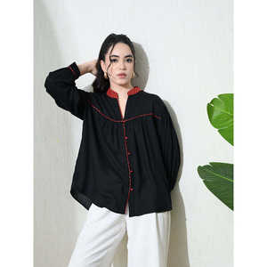 Camisa Boho Oversize de Algodón Slub con Cuello Mao, Manga Globo Tejida con Botones, Transpirable, con Ribete de Color en Contraste para Oficina y Verano - Product Image 1