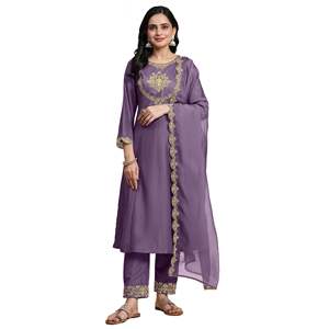 Ensemble Kurta Pantalon Anarkali en Organza de Soie Brodé pour Femmes Trendmalls avec Dupatta (G263-Violet Clair) Style Ethnique Salwar - Product Image 1