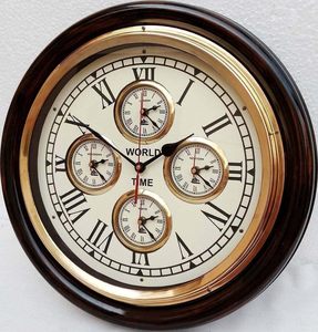 Horloge murale en bois Horloge murale design antique en bois avec heure mondiale 5 pays avec anneau en laiton massif vintage Horloge de 16 pouces - Product Image 2