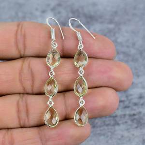 Boucles d'oreilles en quartz citron trois pierres précieuses Boucles d'oreilles en argent sterling 925 Boucles d'oreilles pendantes en forme de poire faites à la main - Product Image 2