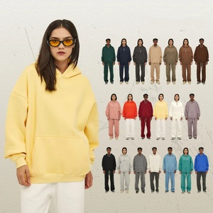 2024 New Arrivals Unisex Fleece Streetwear Tracksuit Set Hooded Crop <b>Top</b> Knee-Length Pants <b>Patchwork</b> Decoration 100% Cotton - Product Image 3