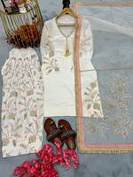Ensemble haut, pantalon et dupatta en soie chinon pour femme, de haute qualité, design moderne, pour les occasions spéciales, entièrement cousu, broderie lourde, BLOSSOM FABRIC