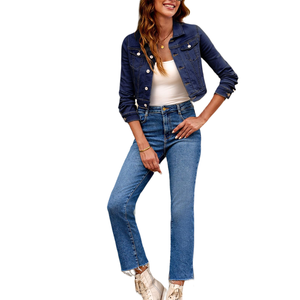 แจ็กเก็ตยีนส์เอวลอยสำหรับผู้หญิงเสื้อครอปแบบมีกระดุมติดข้อมือเสื้อแจ็คเก็ตผ้ายีนส์ทันสมัยมีหลายกระเป๋า - Product Image 5