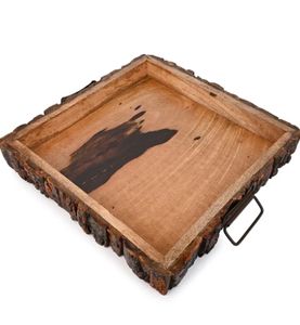 Bandeja de servicio de corteza de madera natural cuadrada con asas de metal, bandeja de mayordomo rústica, mesa de comedor de campo para centro de mesa, organizador de escritorio - Product Image 3