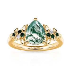 แหวนหมั้นแฟชั่นรูปใบฮอลลี่ประดับมอสอาเกตทรงลูกแพร์จาก Jeulia Gold - Product Image 1