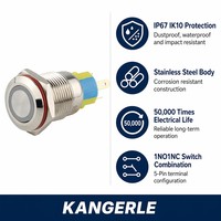 KANGERLE Interrupteur à bouton-poussoir autobloquant en acier inoxydable 16 mm IP67 IK10 Étanche 12V LED Illuminé