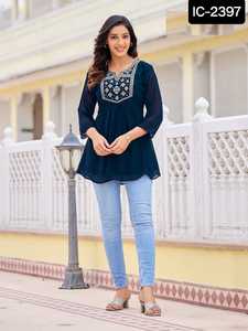 Georgette pesada de estilo moderno indio con bordado, tops cortos de trabajo para oficina y ropa regular para mujer, ropa informal Kurtis - Product Image 2