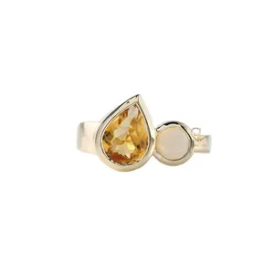 New Trendy Design Two Stone Ring Pear Cut Simulated Citrine Diamond 925 Silver Bezel Set Engagement Ring You & Me Ring