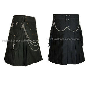 Cosh kilts กระโปรงผ้าฝ้ายสีดำสุดหรูสำหรับผู้ชายกระโปรงสั้นแฟชั่นมีโซ่เงินและกระเป๋าใส่ของ - Product Image 1