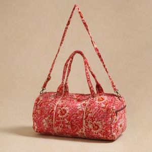 Red Floral Handprinted Cotton Tactical Duffel Bag-Eco-Friendly Large Capacity Zipper Closure Sport Multi-Use Travel Outdoor - Product Image 2