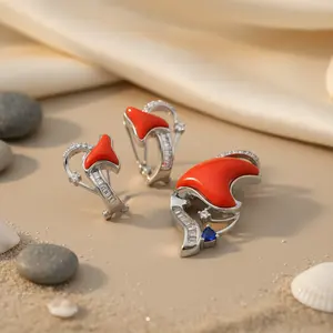 Pendientes de Coral con Baño de Oro Vintage sobre Plata, con Piedras Preciosas, para Mujer, Ideales para Compromiso, con Diamantes Blancos en Oro Blanco - Product Image 1