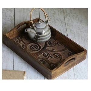 Ensemble fait main de 3 plateaux de service polyvalents en bois d'acacia plateaux en bois élégants avec poignée en métal pour le service de thé à la maison et la décoration - Product Image 4