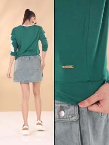 2025, venta al por mayor, camiseta personalizada con diamantes de imitación, cuello redondo, camiseta de ajuste Regular para mujer, transpirable, cómoda, manga larga, Color verde - Product Image 6