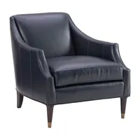 Fauteuil club contemporain en cuir bleu, design minimaliste, base en bois massif et accents dorés