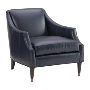 Sillón <span class=keywords><strong>Club</strong></span> de Cuero Azul Contemporáneo, Diseño Minimalista, Base de Madera Maciza y Detalles en Dorado - Product Image 1