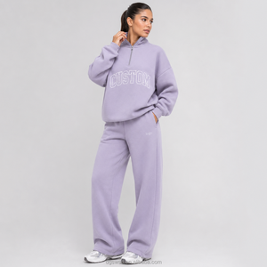 Tuta da donna personalizzata di alta qualità, spessa, oversize, con mezza zip, pantaloni jogger a gamba larga, tinta unita, tuta sportiva da donna - Product Image 2