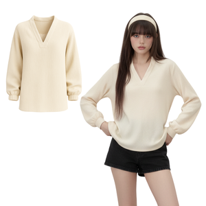 เสื้อทูนิคผู้หญิง แขนยาว คอวี ผ้าริบเนื้อนุ่ม สวมใส่สบาย ระบายอากาศได้ดี เป็นมิตรกับสิ่งแวดล้อม ผลิตจากผ้าฝ้าย 100% รับผลิตแบบ OEM/ODM - Product Image 1