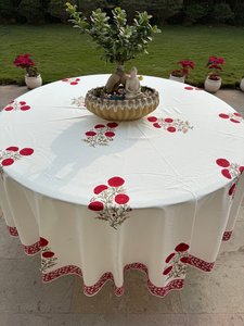 ผ้าปูโต๊ะกลมผ้าฝ้ายแท้พิมพ์ลายดอกไม้สีแดงทำมือ สำหรับงานแต่งงาน งานเลี้ยงที่บ้าน งานปาร์ตี้ และใช้งานกลางแจ้ง (สามารถปรับแต่งได้) - Product Image 5