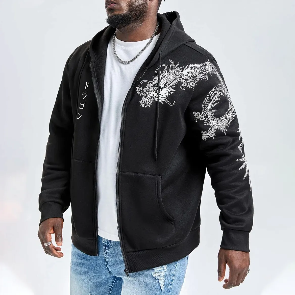 2023 New Fashion Extended Sizes Men Dragon Print oversized heavyweight custom full Zip Up Drawstring Hoodie