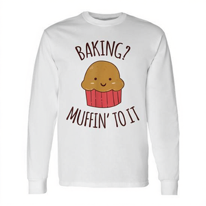 Camiseta de manga larga con estampado de muffins y frases de repostería en oferta como producto promocional - Product Image 2