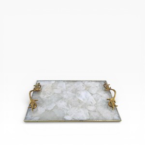 Plateau de service rectangulaire en agate naturelle bleue de luxe avec motifs de cristaux profonds, finition polie et poignées en métal doré - Product Image 5