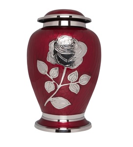 Urna de cremación de Rosa plateada-Urna funeraria con flor grande sobre esmalte rojo-Urna de entierro para cenizas humanas Tamaño adulto-Latón 100% - Product Image 3