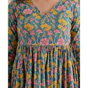 Vestido Largo Azul Marino Angrakha con Cintura Imperio, Estilo Boho Elegante, Estampado Floral Jaal, Sin Cremallera, Ideal para Bodas y Fiestas, ODM - Product Image 2