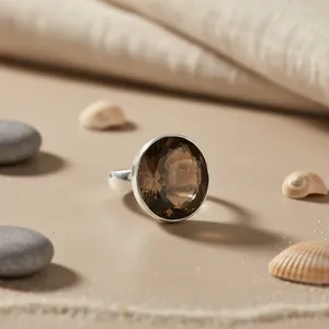Bague en argent 925 pour femme avec quartz fumé, bijoux en or jaune, pierre précieuse, plaqué rhodium, taille topaze/cabochon, bijoux de promesse, occasion spéciale - Product Image 3