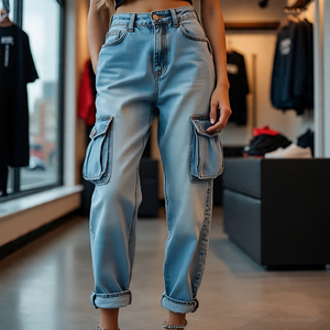 Plus Size Multi-Pocket Mid-Waist Straight Denim Pants Breathable Casual Baggy Jeans Cargo Pants Women Denim Trouser - Product Image 6