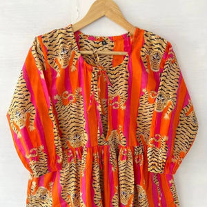 Vestido largo bohemio con estampado de tigre para mujer, Vestido largo de algodón Midi Skater con estampado de bloques circulares, regalo para mujer - Product Image 1