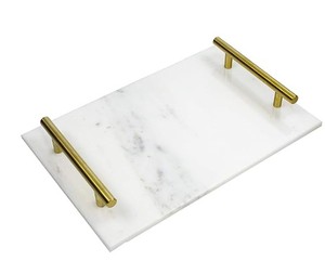 Plateau de service de table en marbre blanc de haute qualité avec poignée en métal Plateau en marbre fait main de nouveau design en gros pour la maison hôtel - Product Image 1