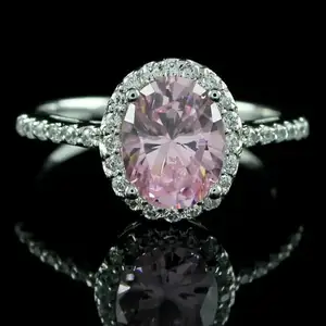 Penjualan paling laris cincin Halo pertunangan safir merah muda buatan Lab Oval 2Ct berlapis emas 14k kualitas super dengan harga grosir