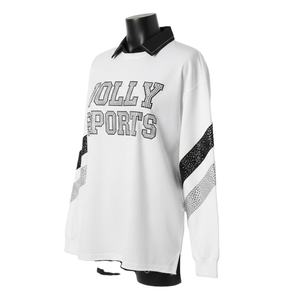 Maillot de rugby pour femme en coton premium GSM, mélange coton-polyester, blanc, noir, gris, empiècements aux manches, logo en strass. Maillot de rugby pour femme en coton. - Product Image 5