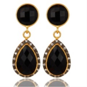 Pendientes de plata de ley 925 con gema de ónix negra, pendientes redondos con forma de pera, novedad - Product Image 1