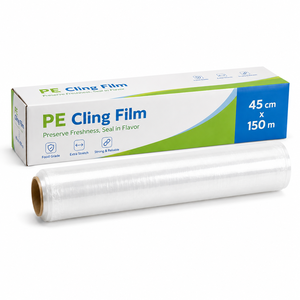 Film alimentaire en plastique PE pour cuisine, 45 cm x 100 m, 12 microns, qualité alimentaire, rouleau protecteur, 300 m de longueur, pour l'emballage des fruits/l'huile d'olive - Product Image 1